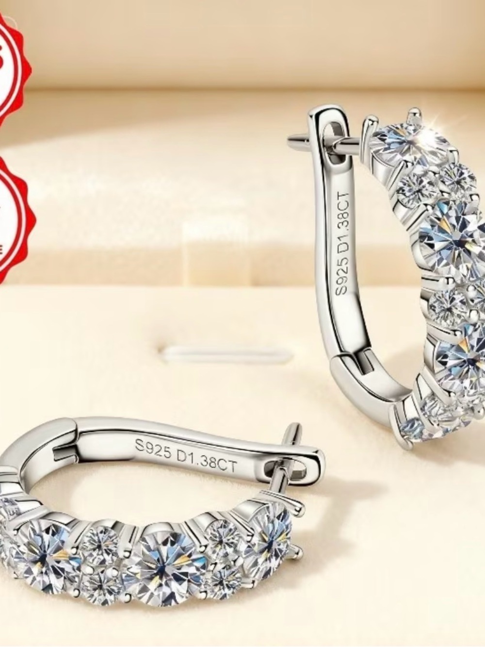 925 Sterling Silver Moissanite Hoop Earrings in Silver - Picture 3 of 3